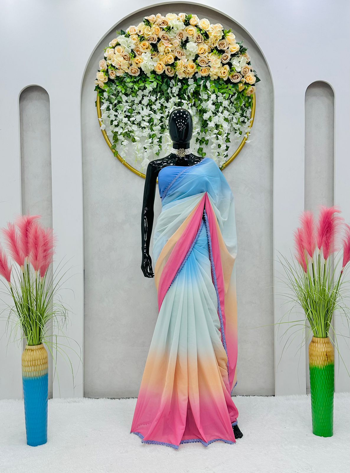 Multicolor strip printed moss chiffon stylist saree | Plain chiffon saree,  Chiffon saree, Designer saree blouse patterns