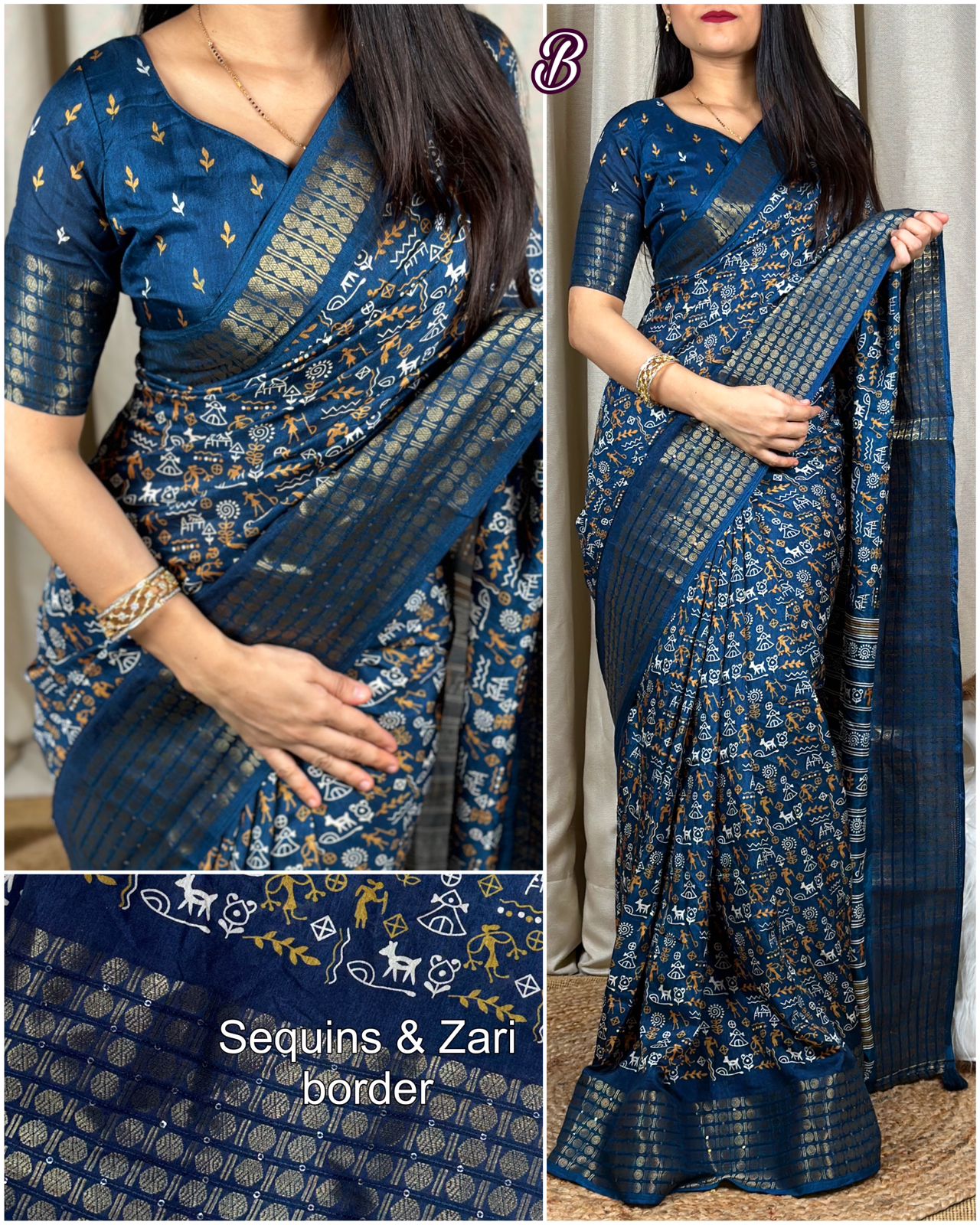 Cotton Crape Worli Kalamkari Printed Zari Border Saree with Running Blouse