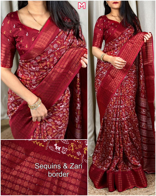 Cotton Crape Worli Kalamkari Printed Zari Border Saree with Running Blouse