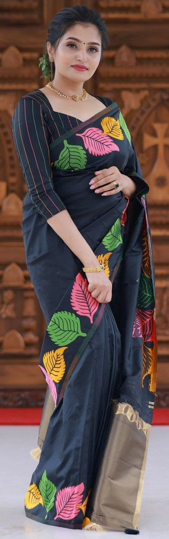 "Elegant Soft Silk Multicolour Leaf Woven Saree with Zari Pallu - Black Beauty"