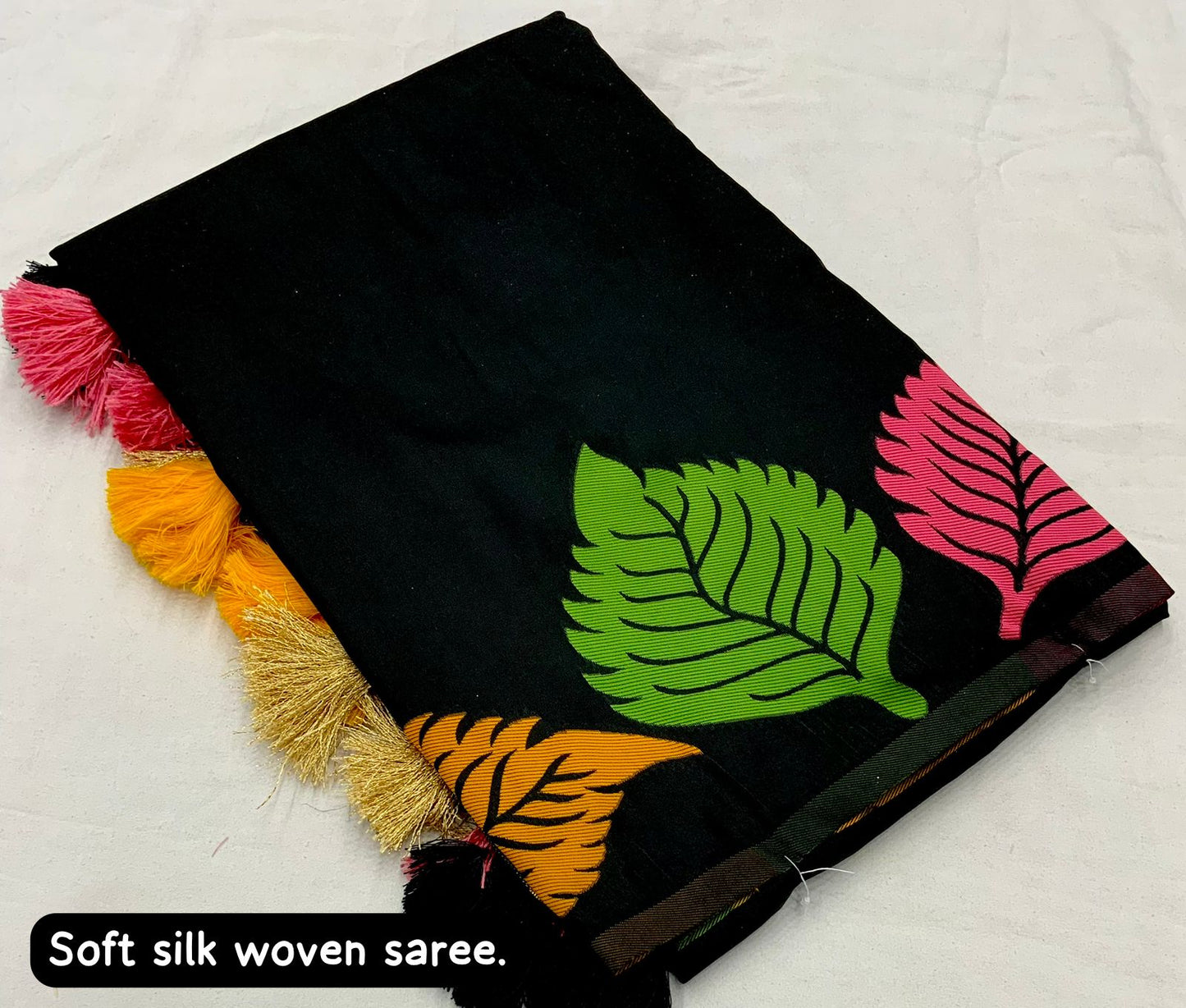 "Elegant Soft Silk Multicolour Leaf Woven Saree with Zari Pallu - Black Beauty"