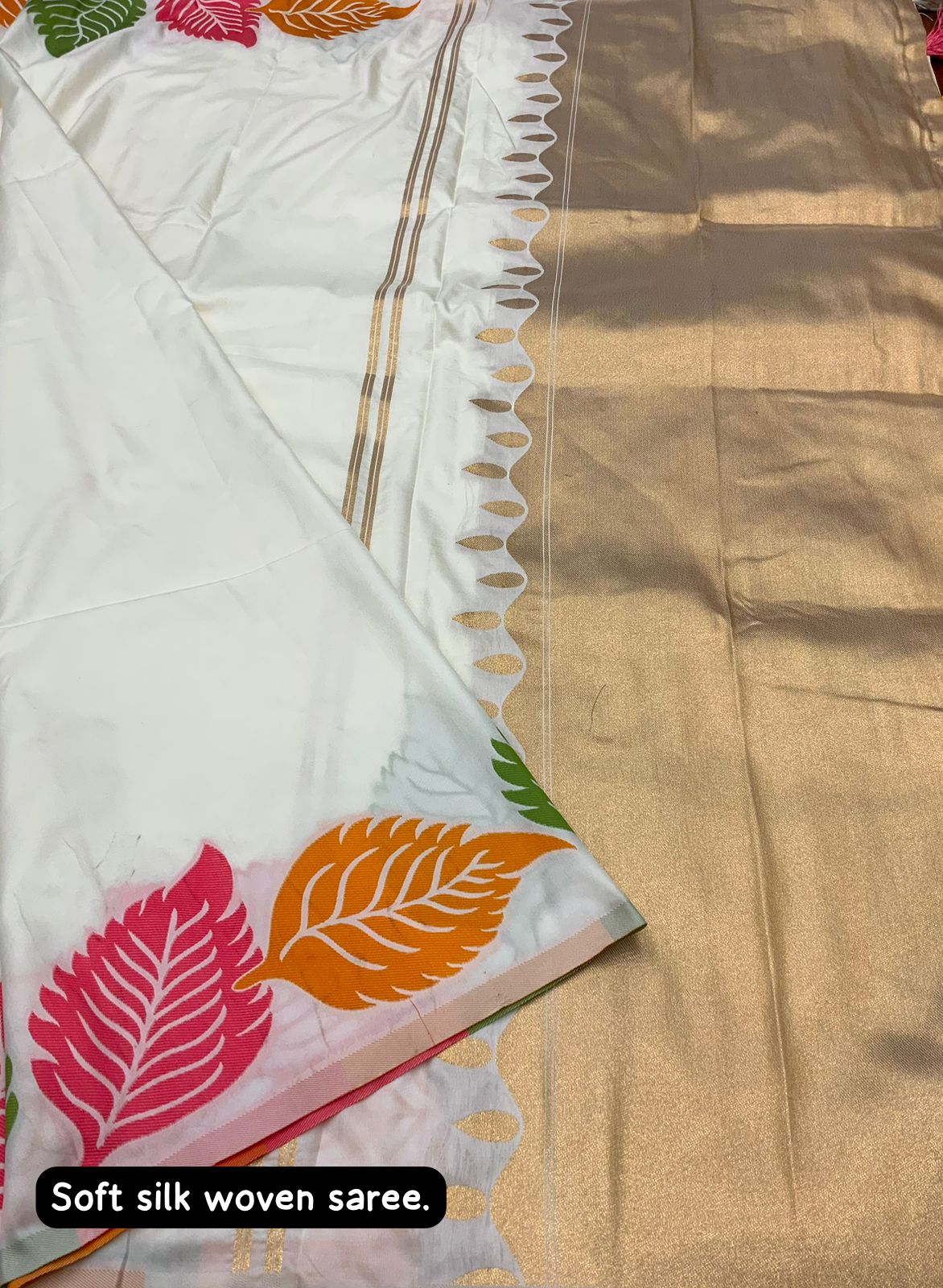 Women's Multicolour Leaf Woven Soft Silk White Colour Saree with Zari Pallu and With Blouse