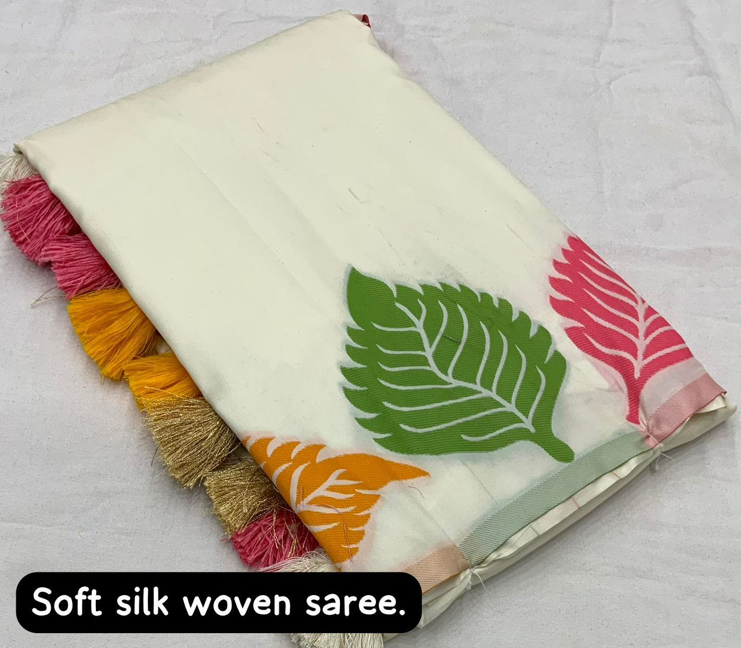 Women's Multicolour Leaf Woven Soft Silk White Colour Saree with Zari Pallu and With Blouse