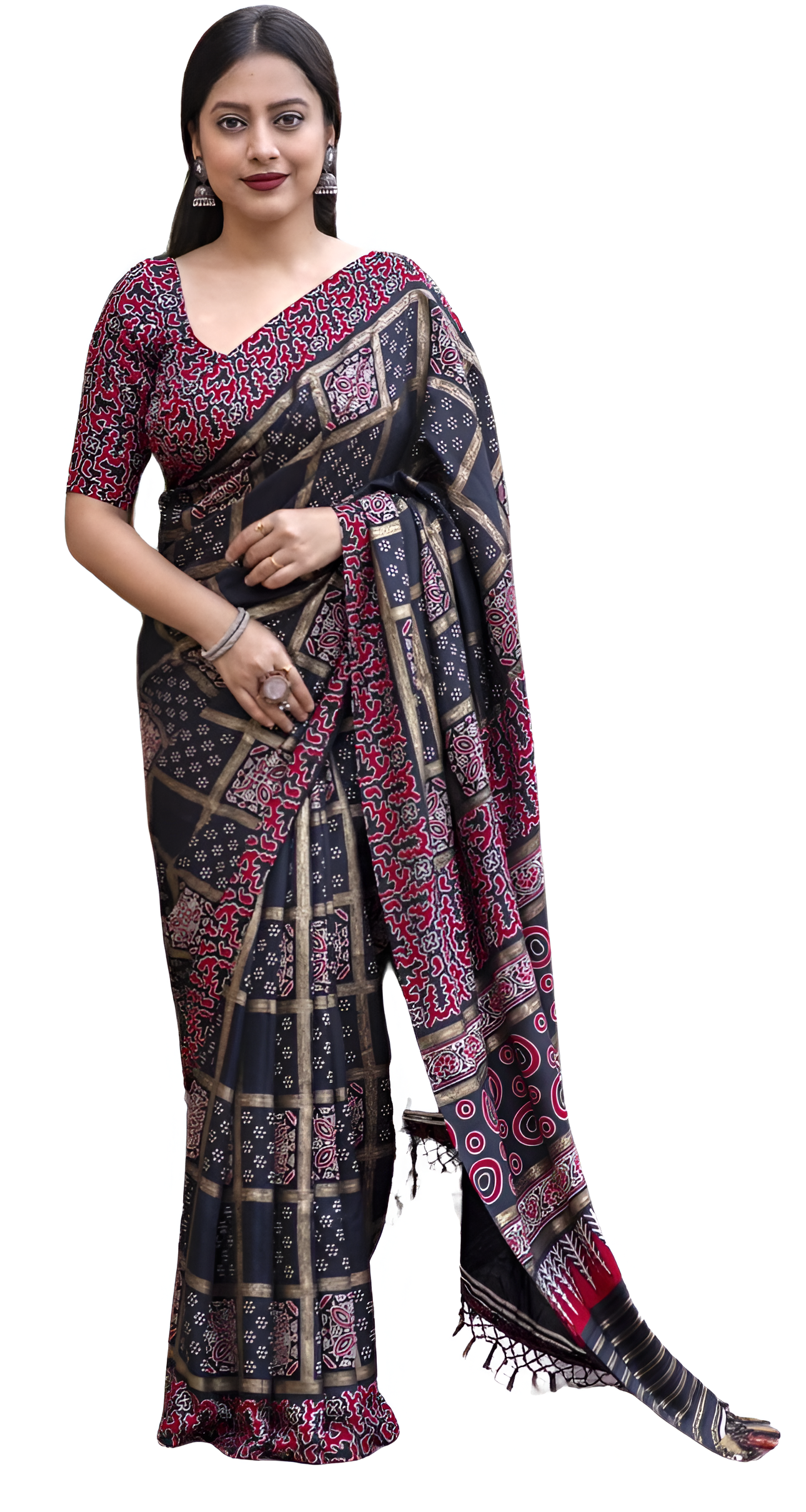 Women's Ajrakh Style Foil Printed Bandhej Pashmina Soft Silk Saree with Unstitched Blouse