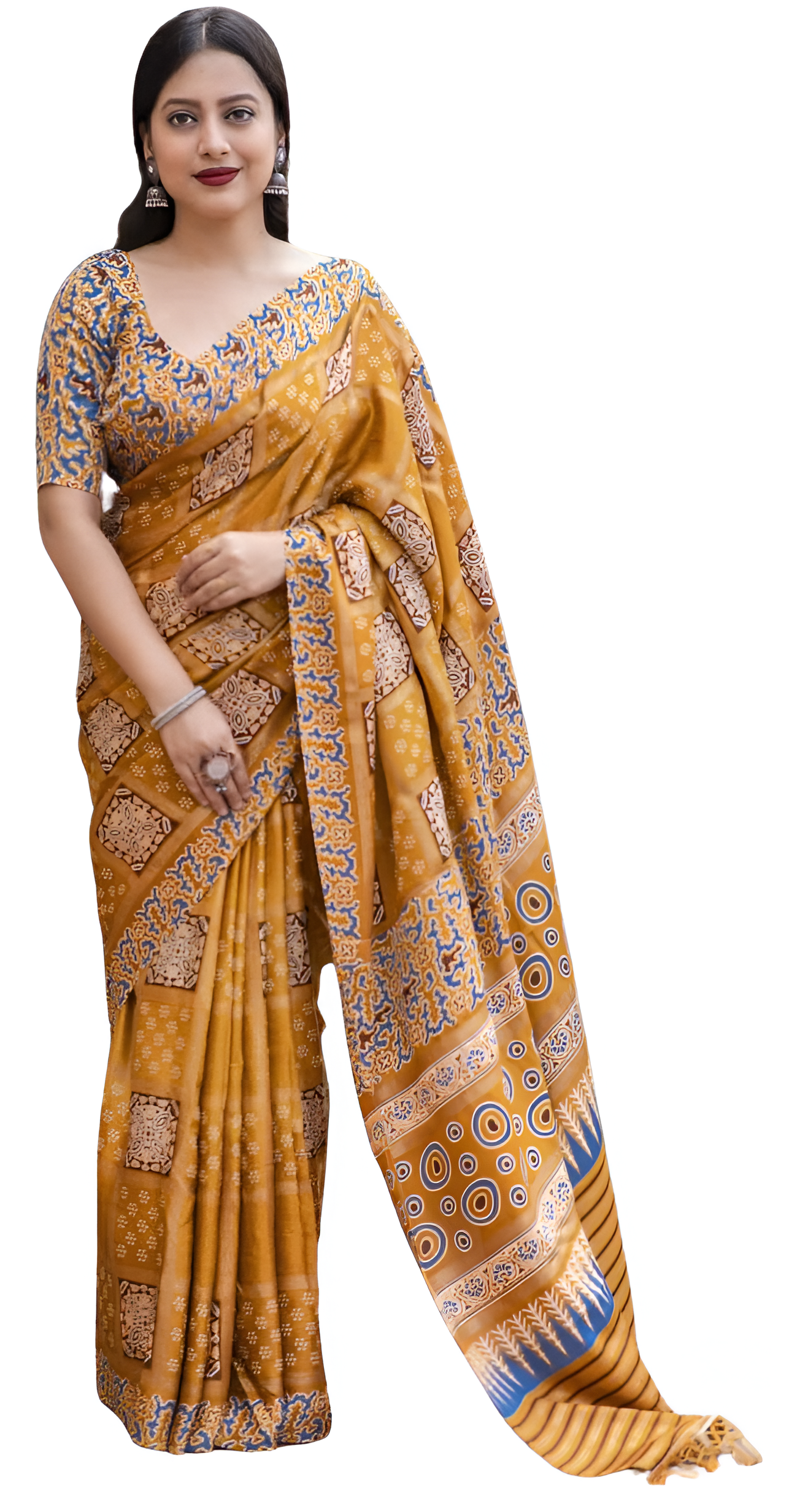 Women's Ajrakh Style Foil Printed Bandhej Pashmina Soft Silk Saree with Unstitched Blouse