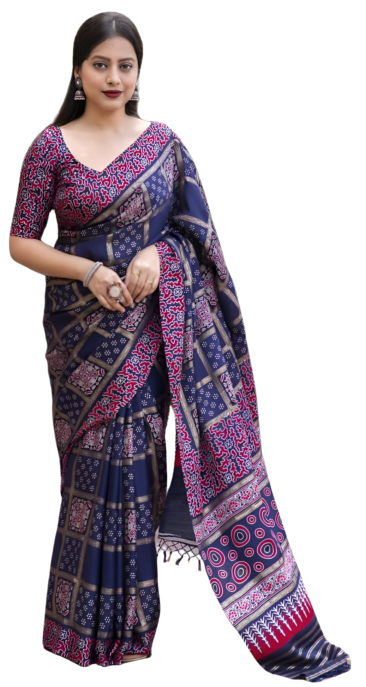 Women's Ajrakh Style Foil Printed Bandhej Pashmina Soft Silk Saree with Unstitched Blouse