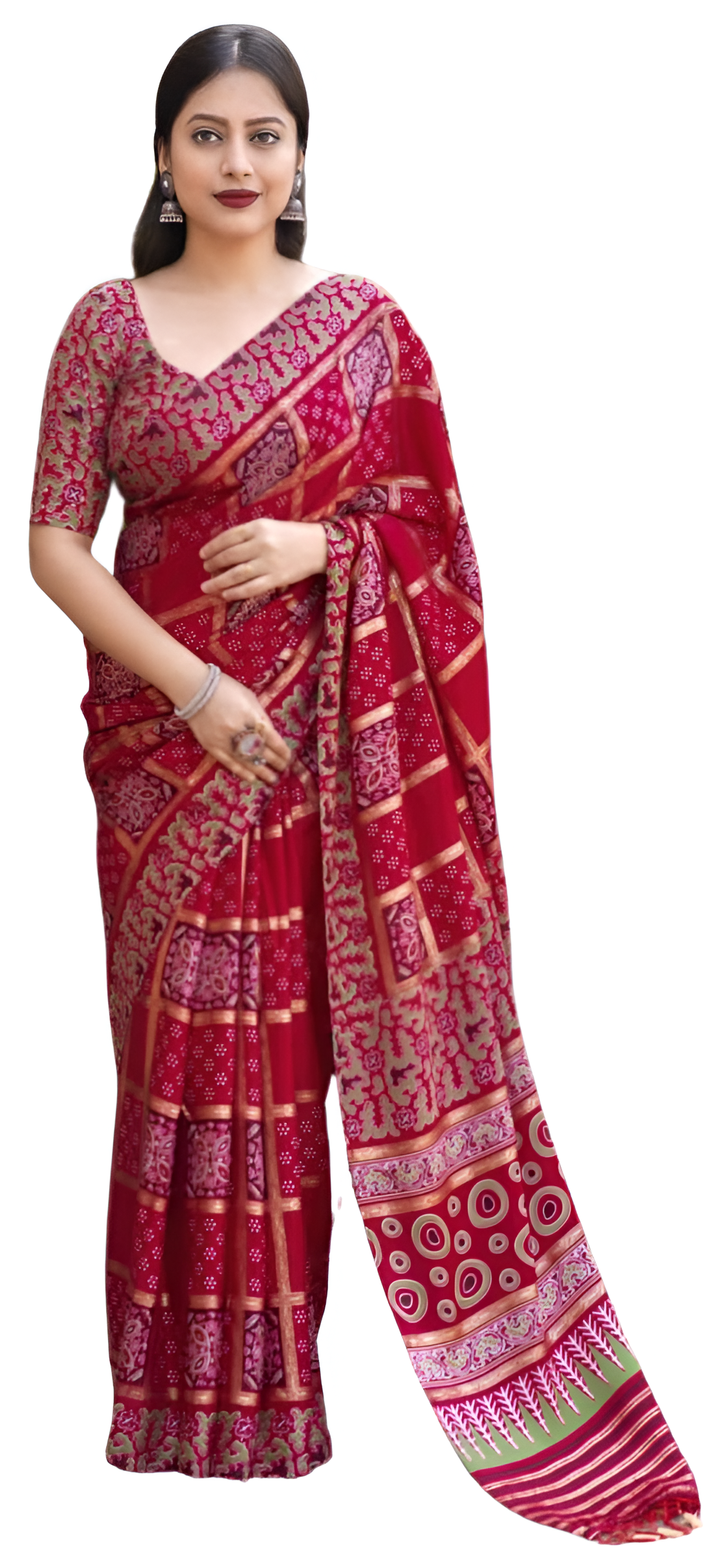 Women's Ajrakh Style Foil Printed Bandhej Pashmina Soft Silk Saree with Unstitched Blouse