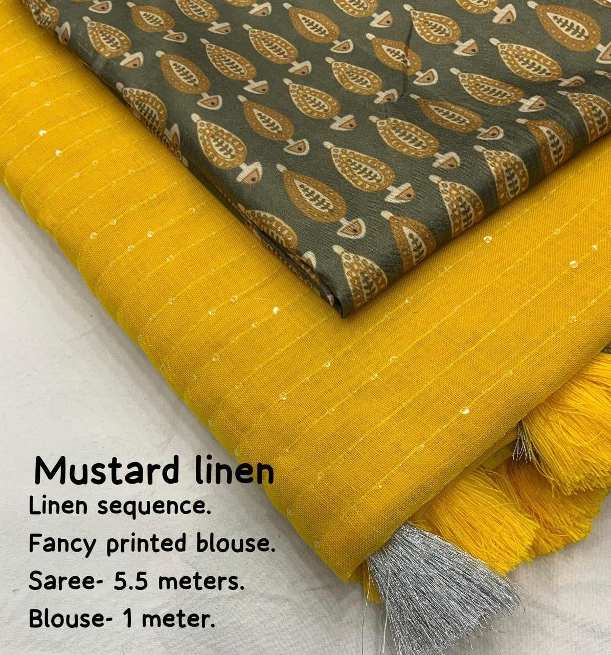 "Elegant Linen Saree with Golden Pattu Border and Sequence Work"