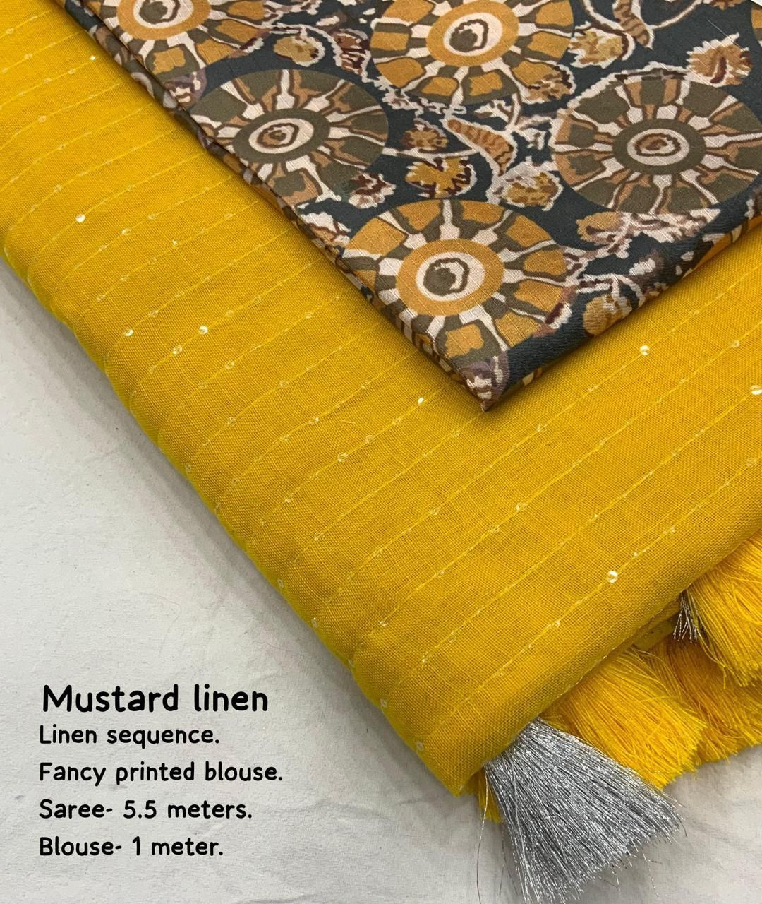 "Elegant Linen Saree with Golden Pattu Border and Sequence Work"