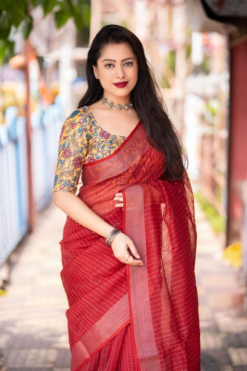 "Elegant Linen Saree with Golden Pattu Border and Sequence Work"