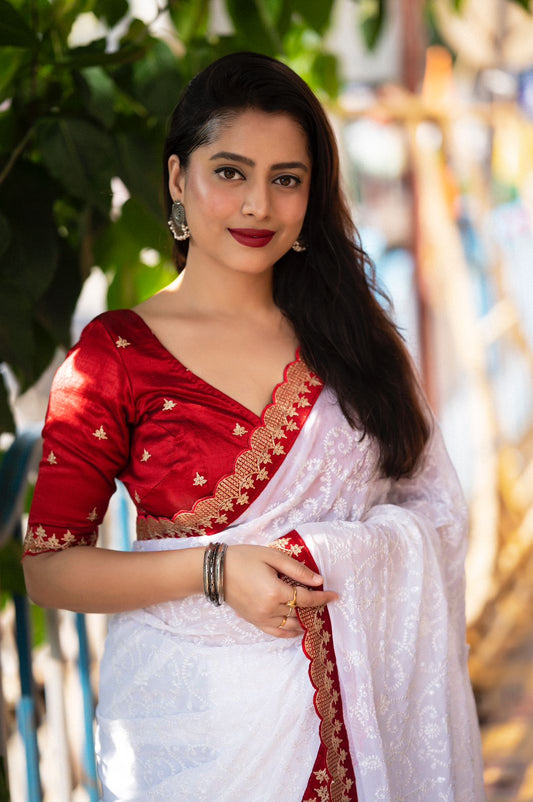 "Bengal Queen Elegance: White Georgette Chikankari Saree with Red Zari & Sequence Border - Perfect for Festivals and Celebrations"