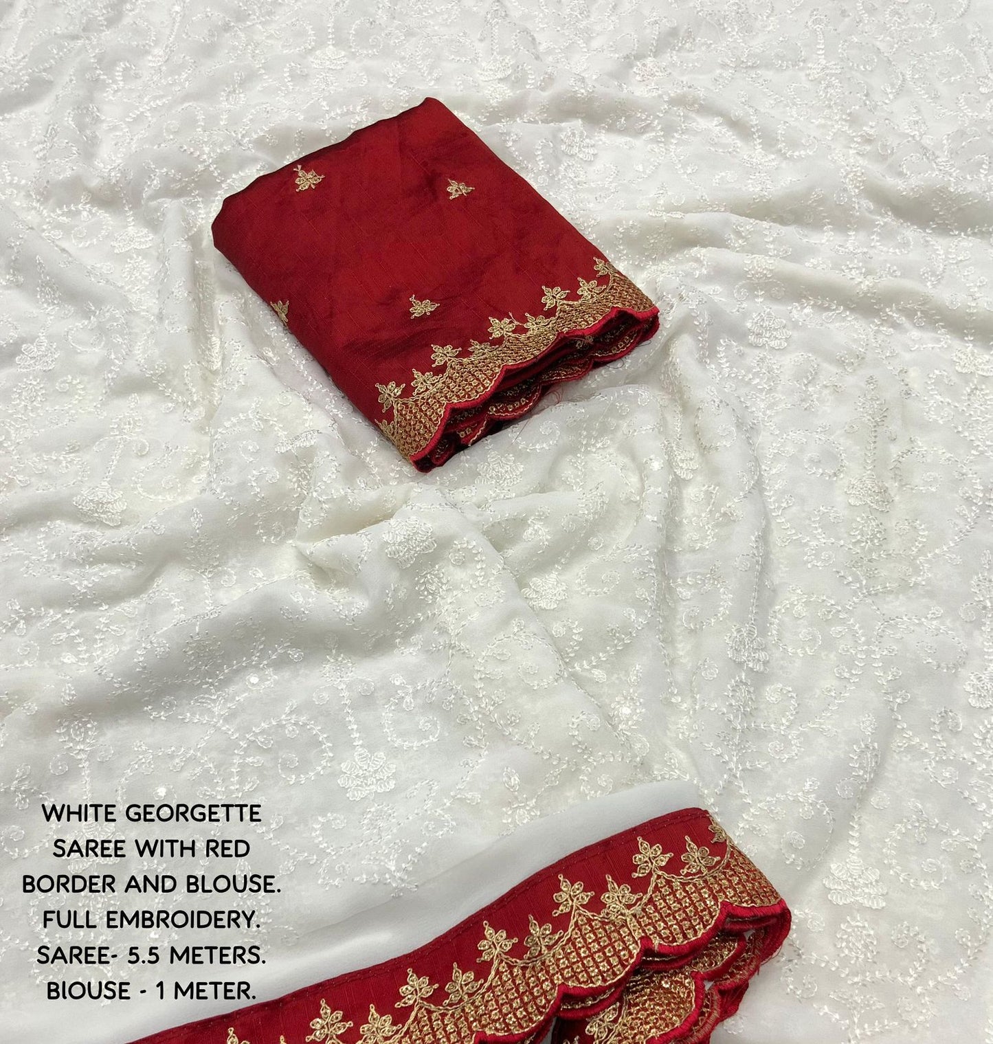 "Bengal Queen Elegance: White Georgette Chikankari Saree with Red Zari & Sequence Border - Perfect for Festivals and Celebrations"