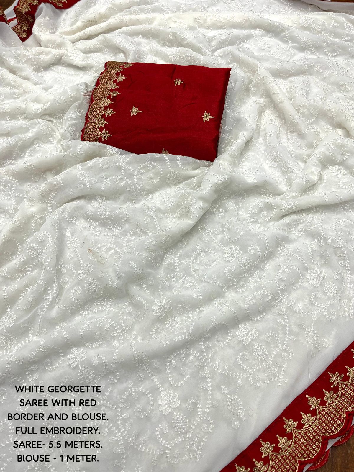 "Bengal Queen Elegance: White Georgette Chikankari Saree with Red Zari & Sequence Border - Perfect for Festivals and Celebrations"