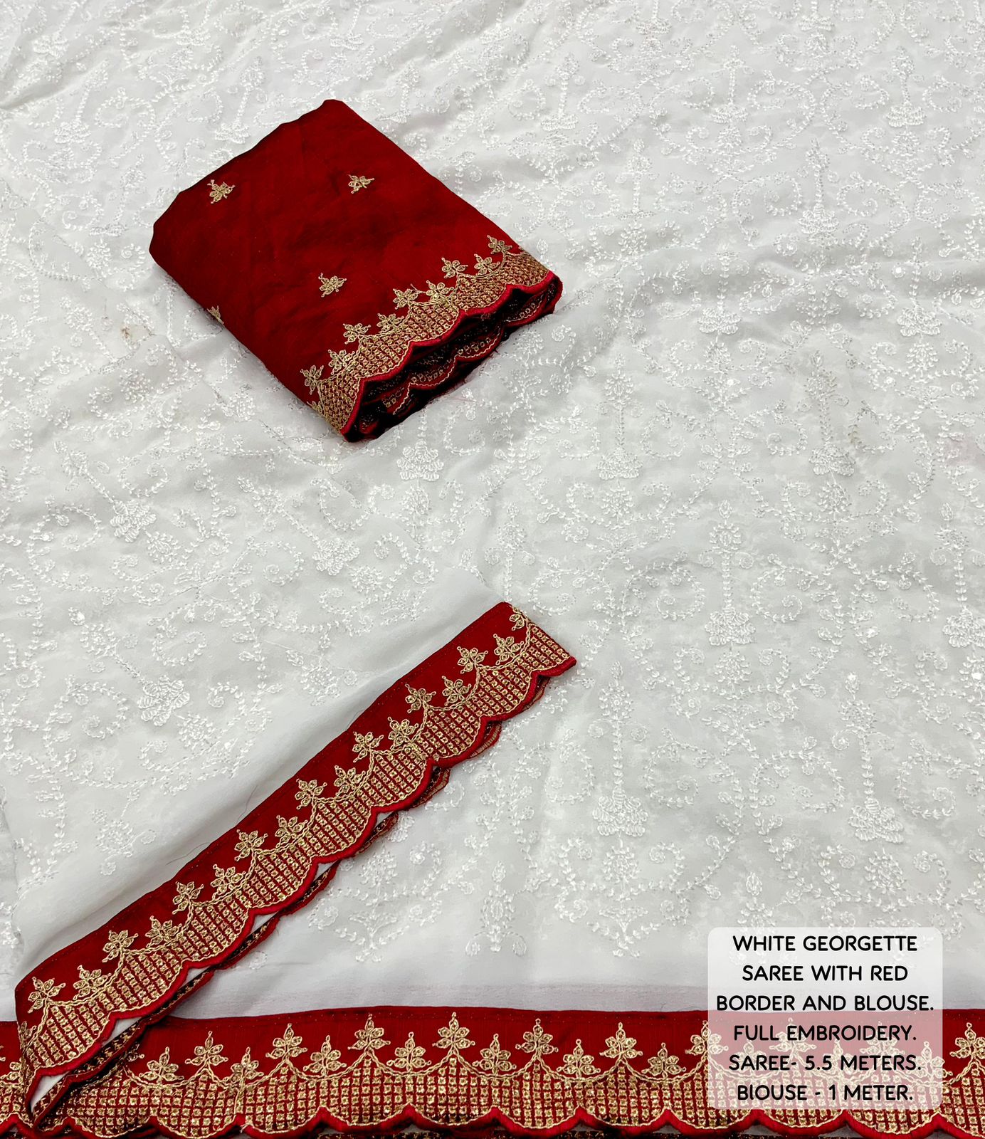 "Bengal Queen Elegance: White Georgette Chikankari Saree with Red Zari & Sequence Border - Perfect for Festivals and Celebrations"