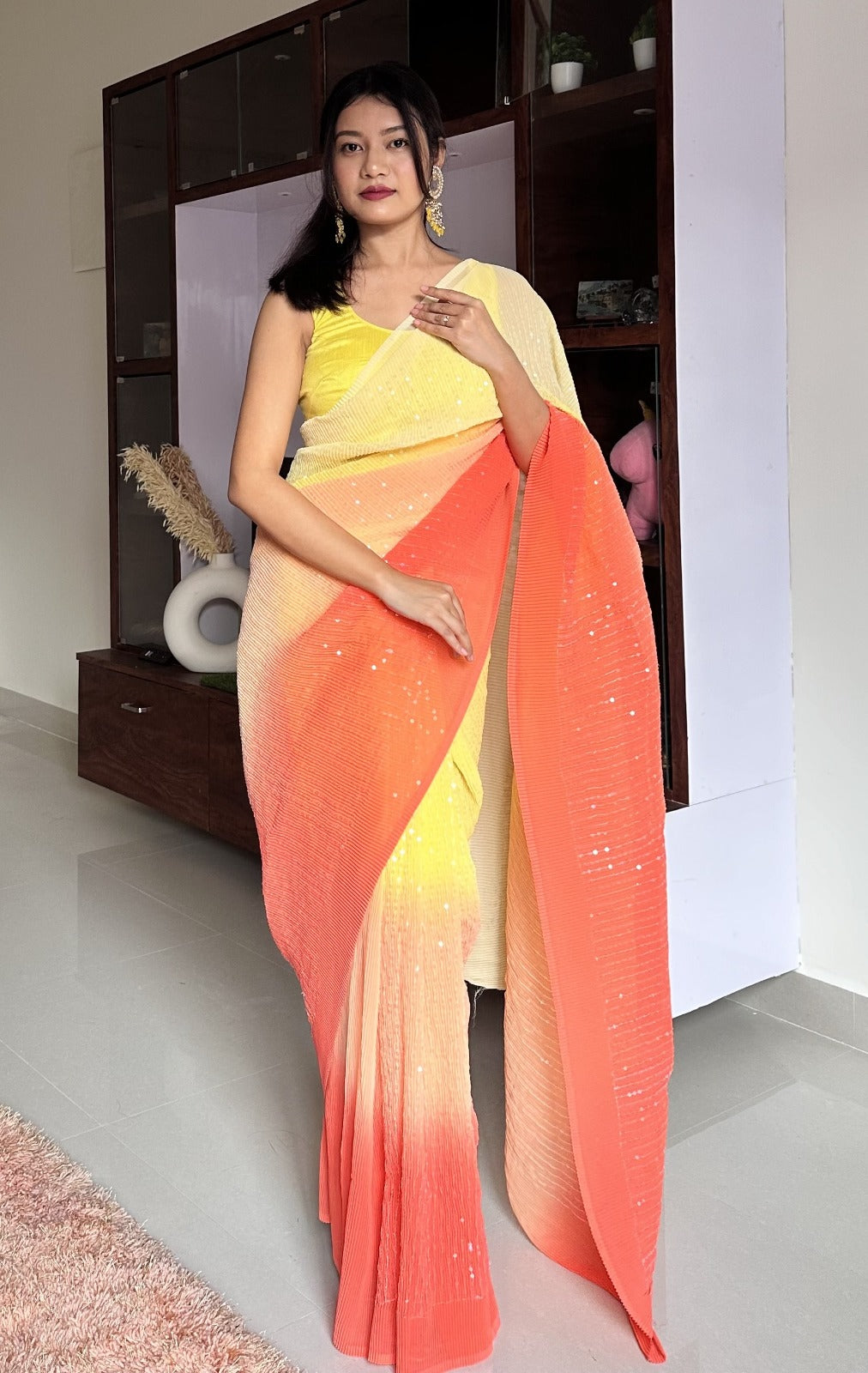 Women's Beautiful Yellow with Multi Shaded Coloured Sequins Crush Work Saree With Unstitched Blouse