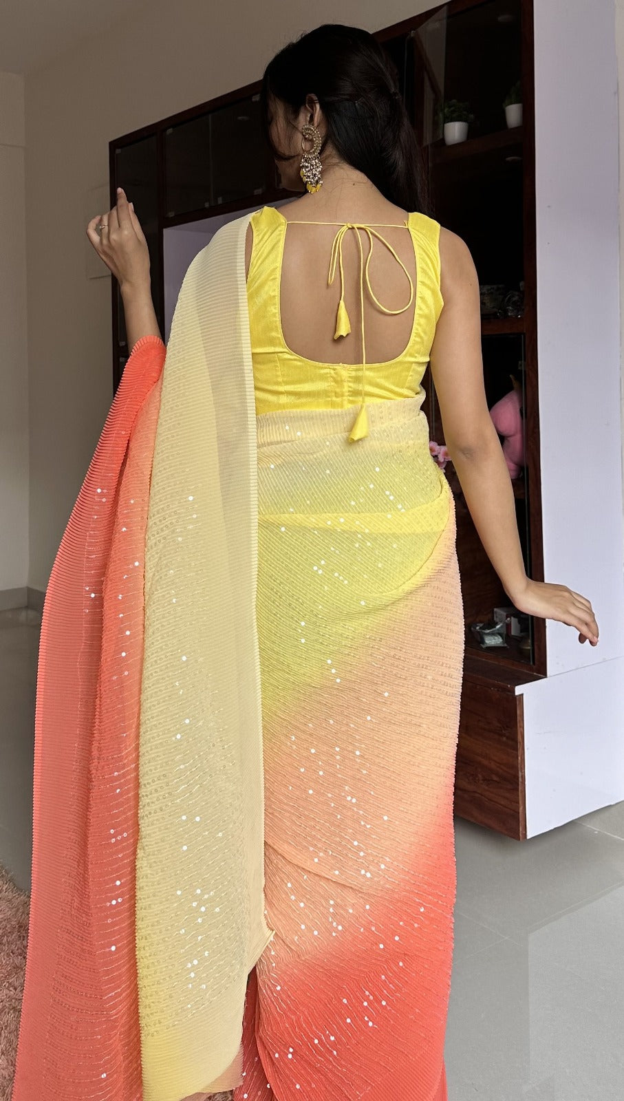Women's Beautiful Yellow with Multi Shaded Coloured Sequins Crush Work Saree With Unstitched Blouse