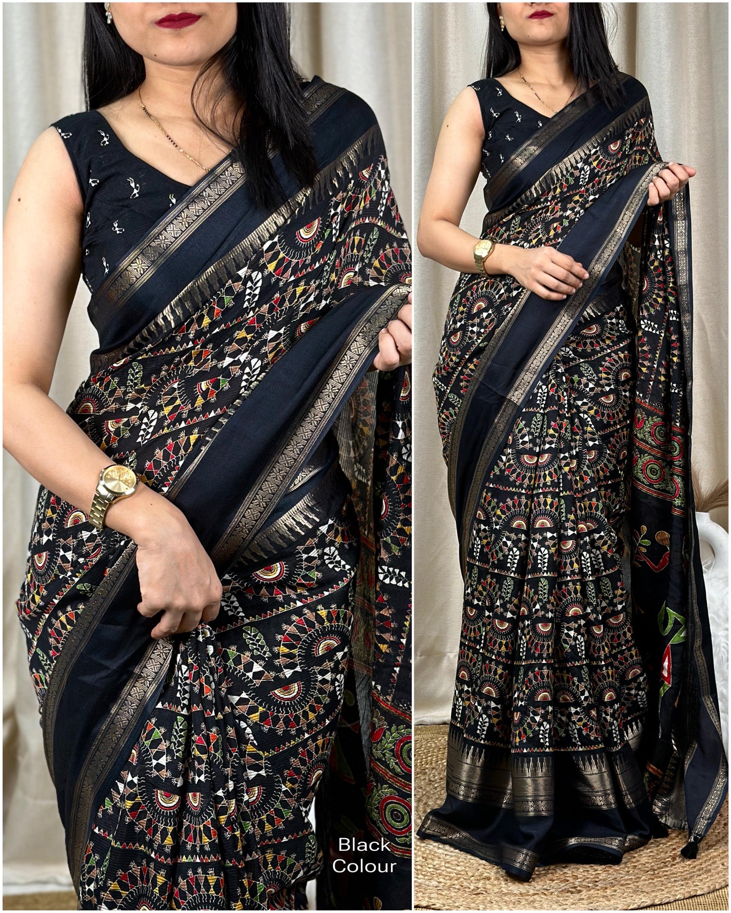 Women's Beautiful Kalamkari Print With Zari Border Soft Cotton Saree With Unstitched Running Blouse