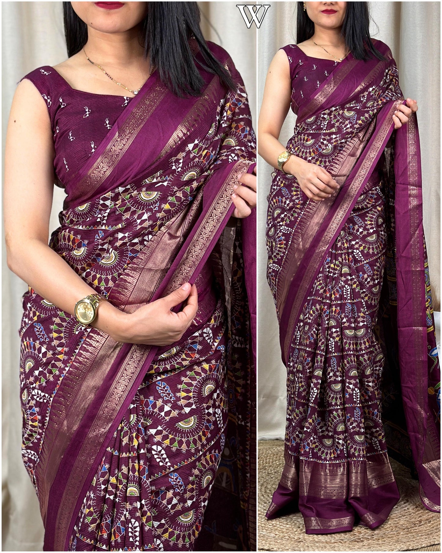 Women's Beautiful Kalamkari Print With Zari Border Soft Cotton Saree With Unstitched Running Blouse