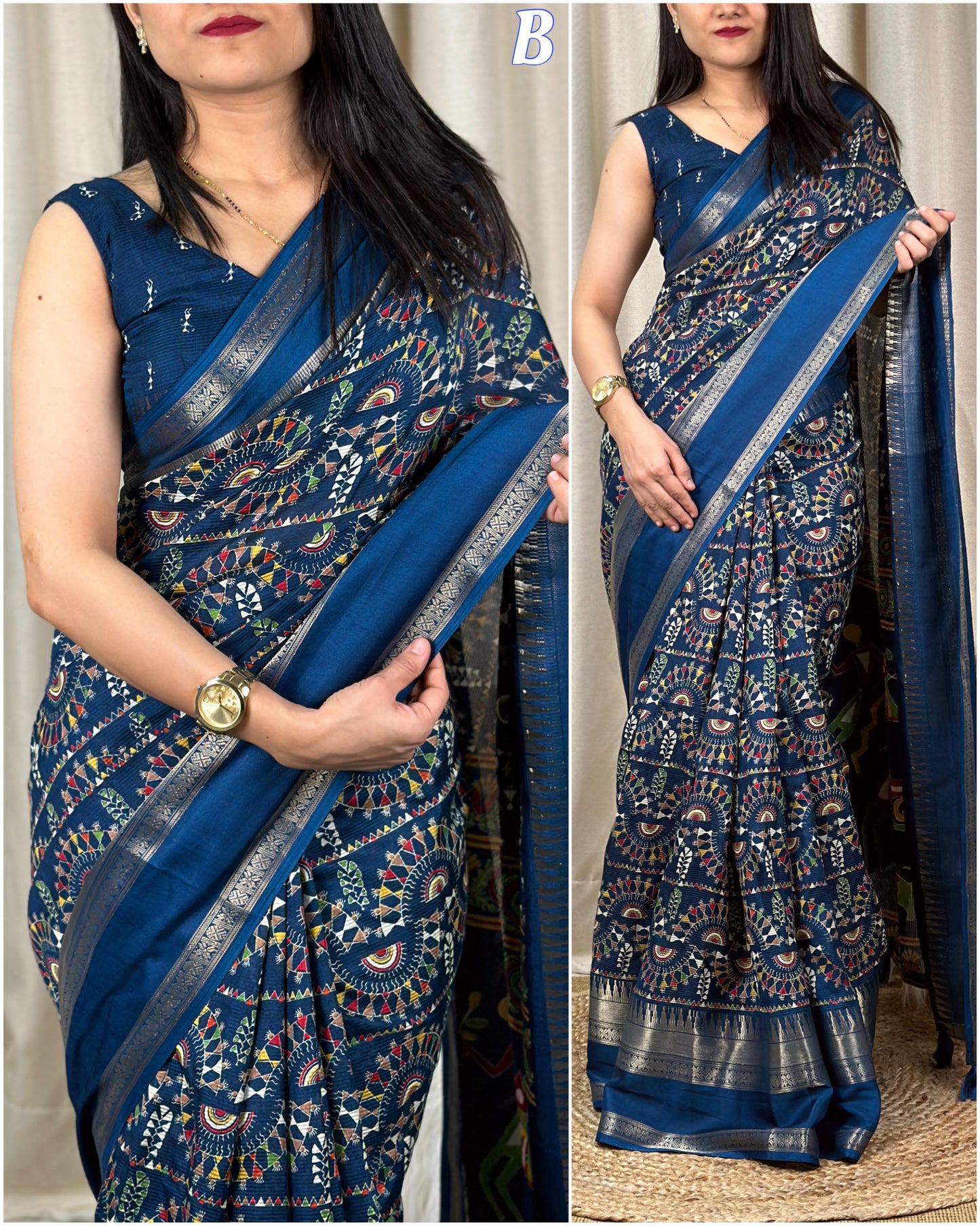 Women's Beautiful Kalamkari Print With Zari Border Soft Cotton Saree With Unstitched Running Blouse