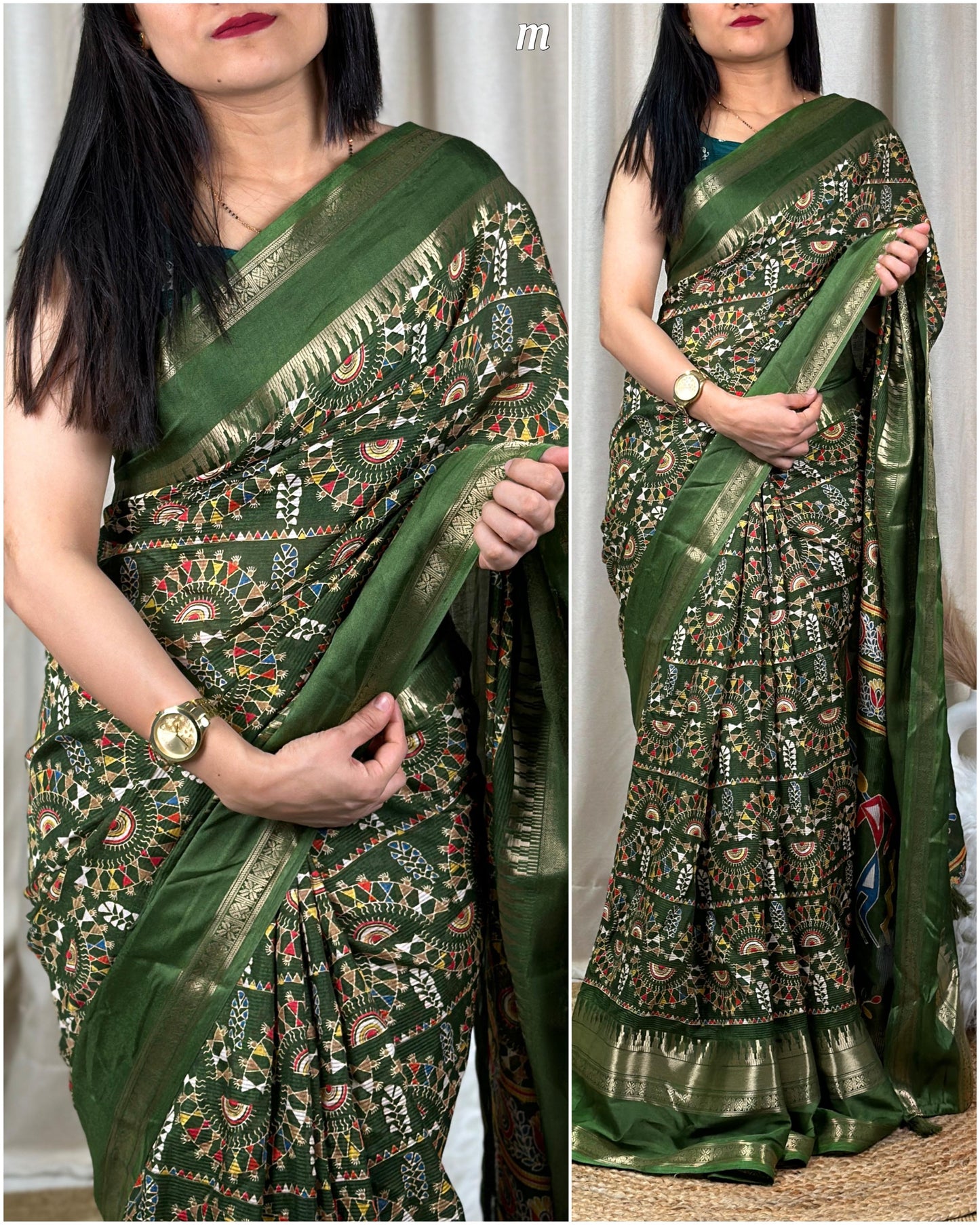 Women's Beautiful Kalamkari Print With Zari Border Soft Cotton Saree With Unstitched Running Blouse