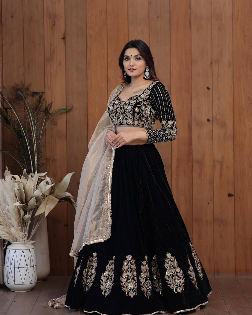 Women's Beautiful Black Coloured Multi Embroidered Semi-Stitched Lehenga Choli Set