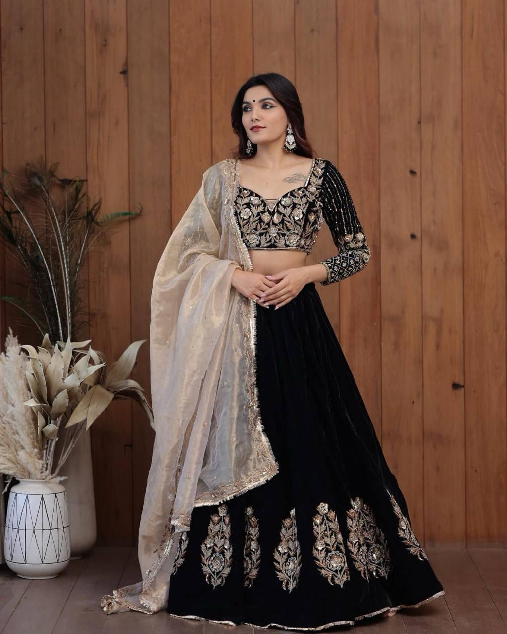 Women's Beautiful Black Coloured Multi Embroidered Semi-Stitched Lehenga Choli Set