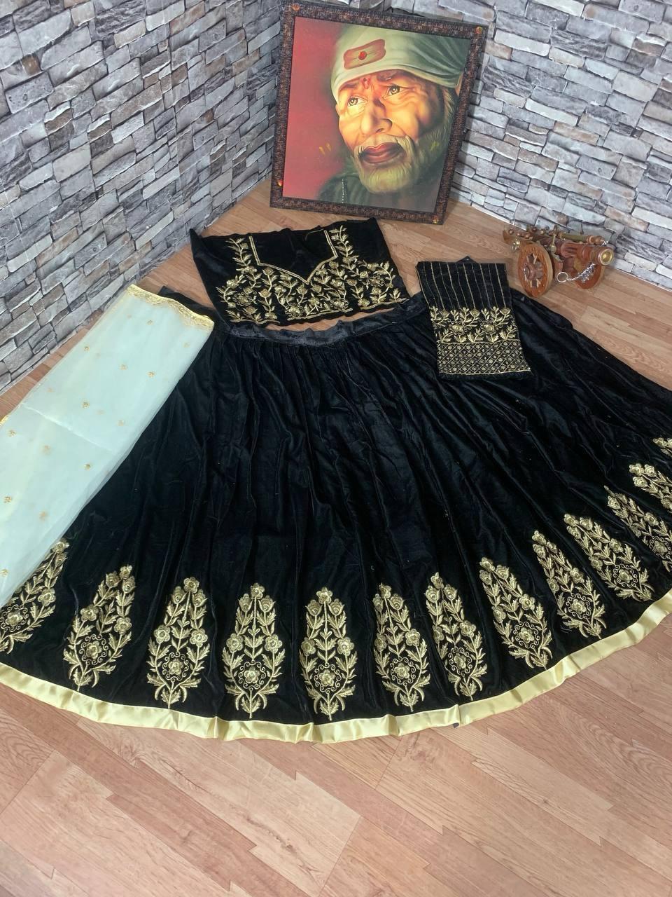 Women's Beautiful Black Coloured Multi Embroidered Semi-Stitched Lehenga Choli Set