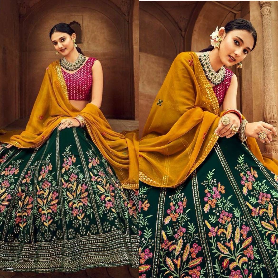 "Green Silk Embroidered Lehenga Choli - Exquisite Malay Satin Ensemble