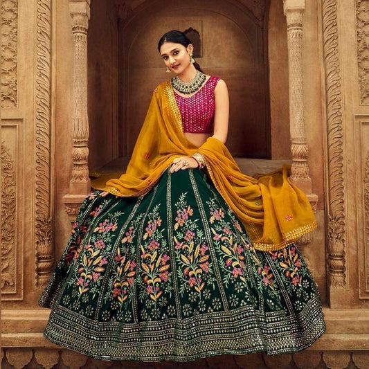 "Green Silk Embroidered Lehenga Choli - Exquisite Malay Satin Ensemble