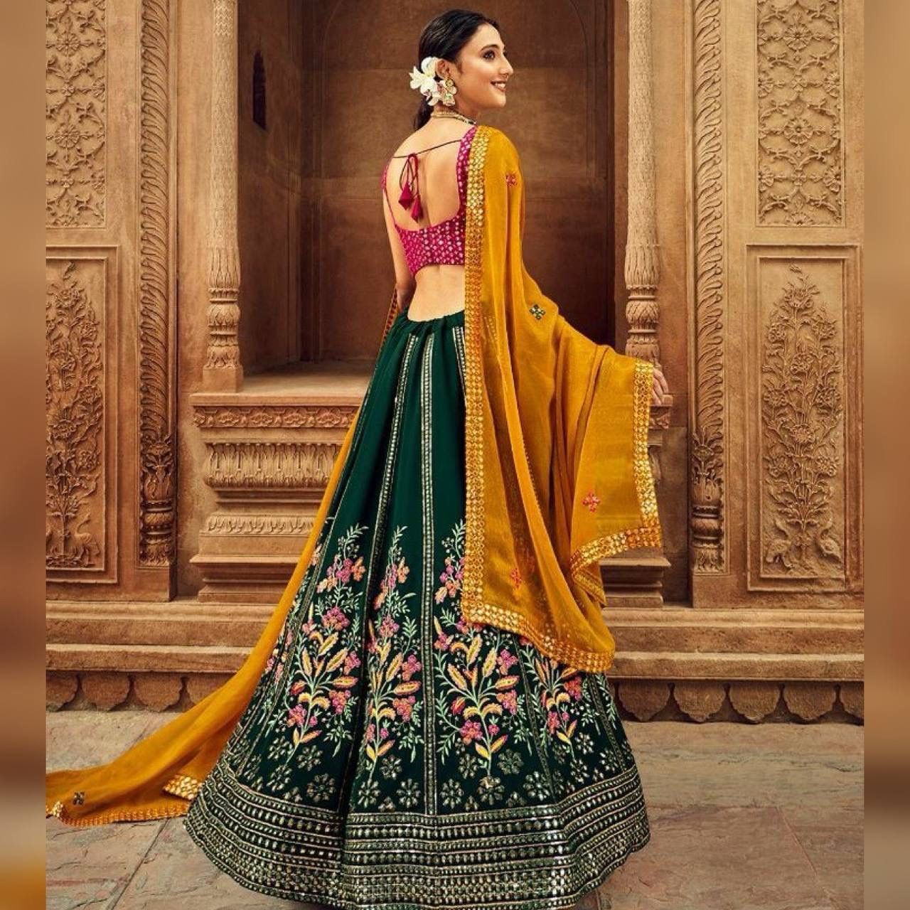 "Green Silk Embroidered Lehenga Choli - Exquisite Malay Satin Ensemble