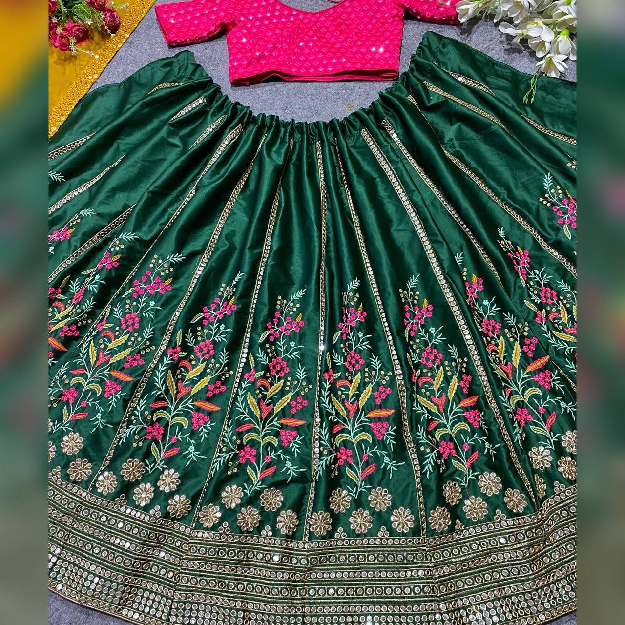 "Green Silk Embroidered Lehenga Choli - Exquisite Malay Satin Ensemble