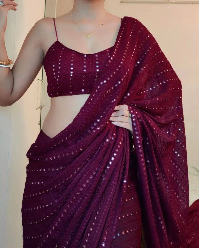 "Bollywood Elegance: Embroidered Georgette Saree with Mirror Work"