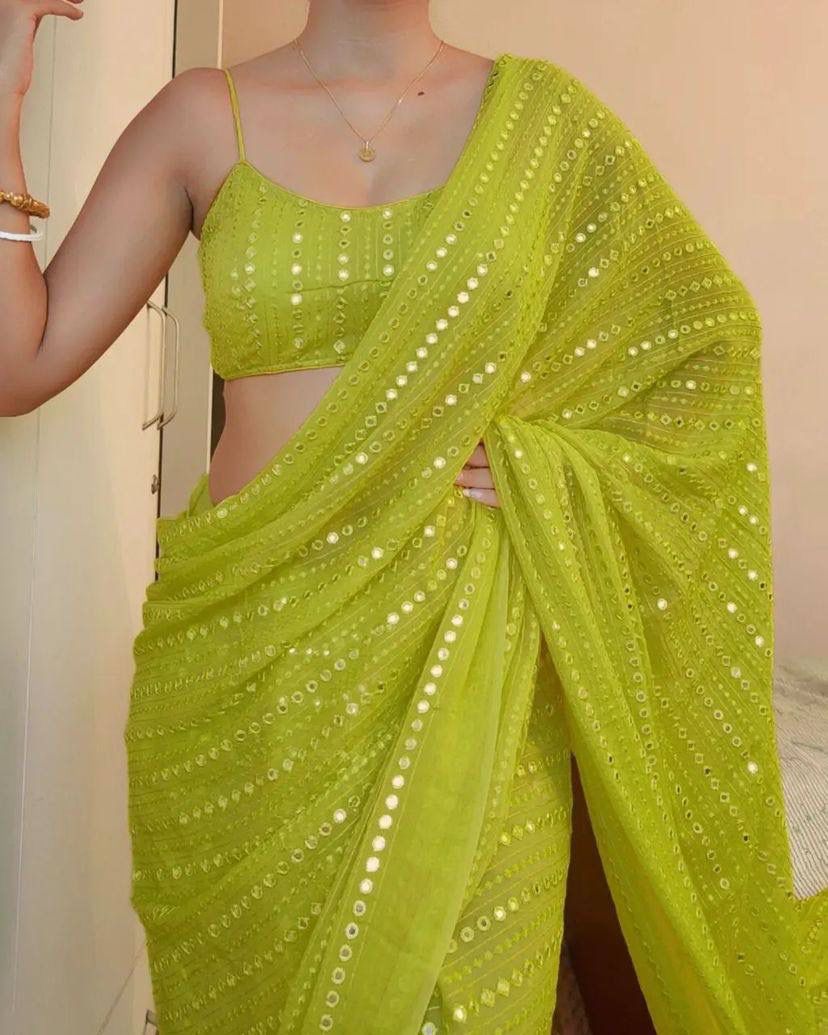 "Bollywood Elegance: Embroidered Georgette Saree with Mirror Work"