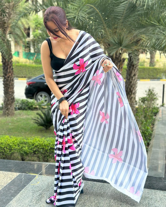 "Original Japan Satin Saree with Digital Floral Print - Elegant Black and White Striped Pattern - 6.30m Length with Matching Blouse - Devsena Satin Luxury"