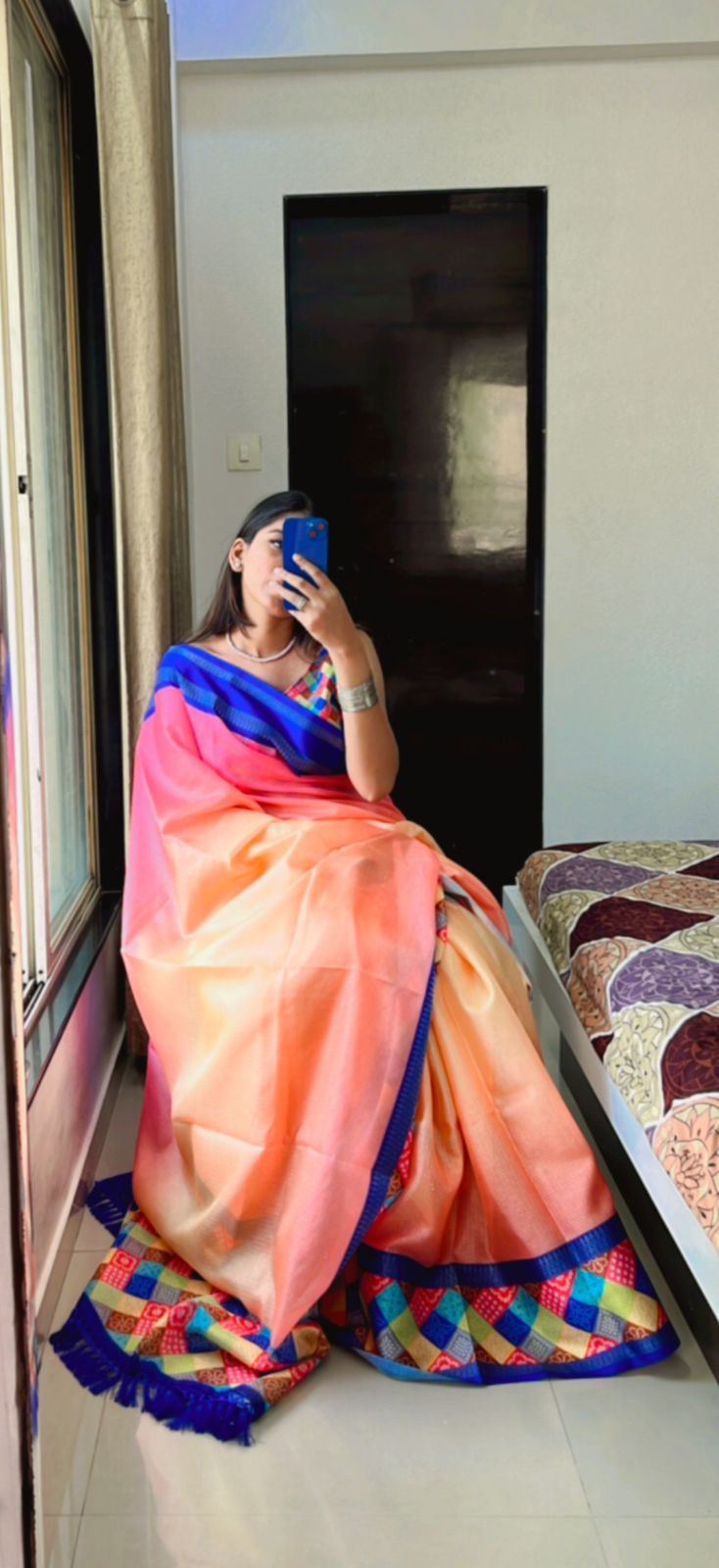 "Graceful Kota Blend Saree with Bandhani Pallu, Digital Print, and Contrast Kanchi Border - Exclusive Designer Collection"