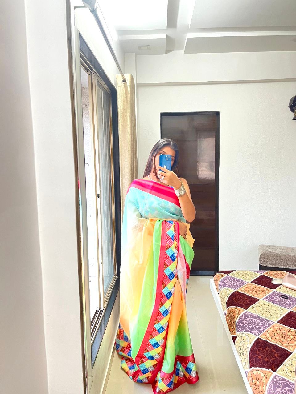 "Graceful Kota Blend Saree with Bandhani Pallu, Digital Print, and Contrast Kanchi Border - Exclusive Designer Collection"