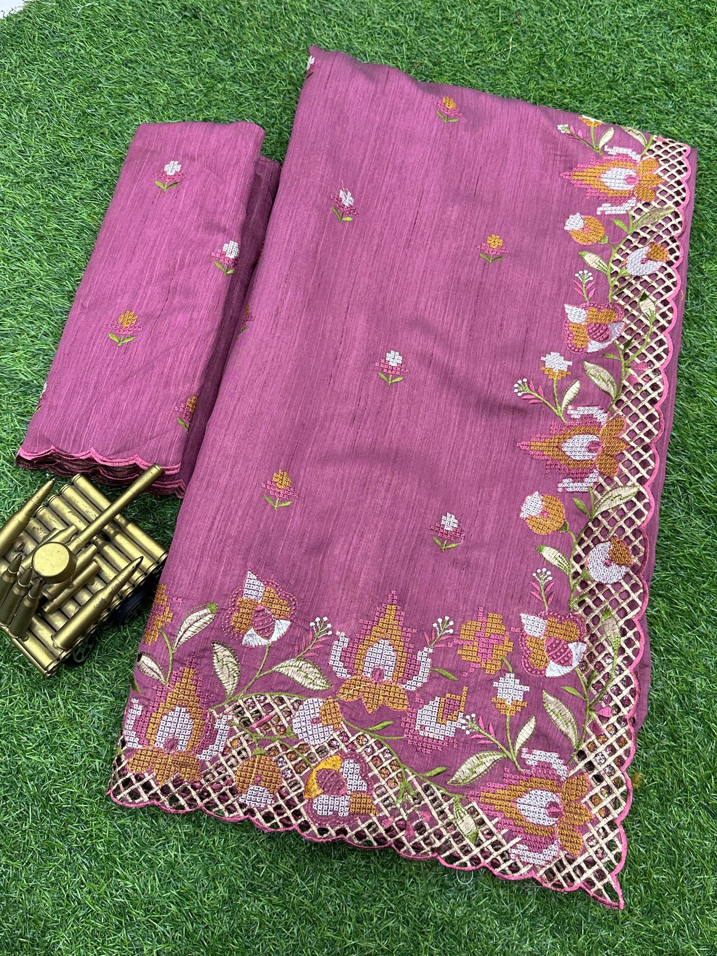 Women's Beautiful Thread and Embroidered Cut Work Visca Slub Silk Saree With Unstitched Blouse