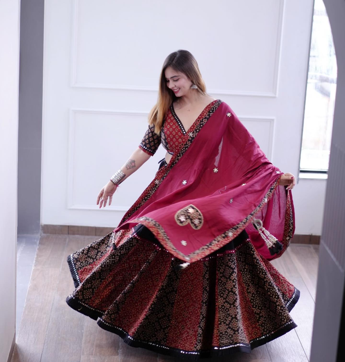 "Exquisite Digital Print Muslin Cotton Lehenga Choli with Real Mirror Work - Perfect for Garaba and Festive Celebrations | Limited Edition Ethnic Wear"