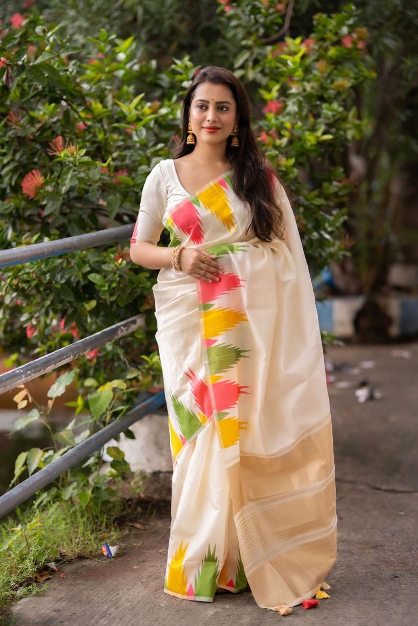 "Celestial Charm: Ivory Temple Woven Silk Saree with Multicolour Design and Zari Pallu"