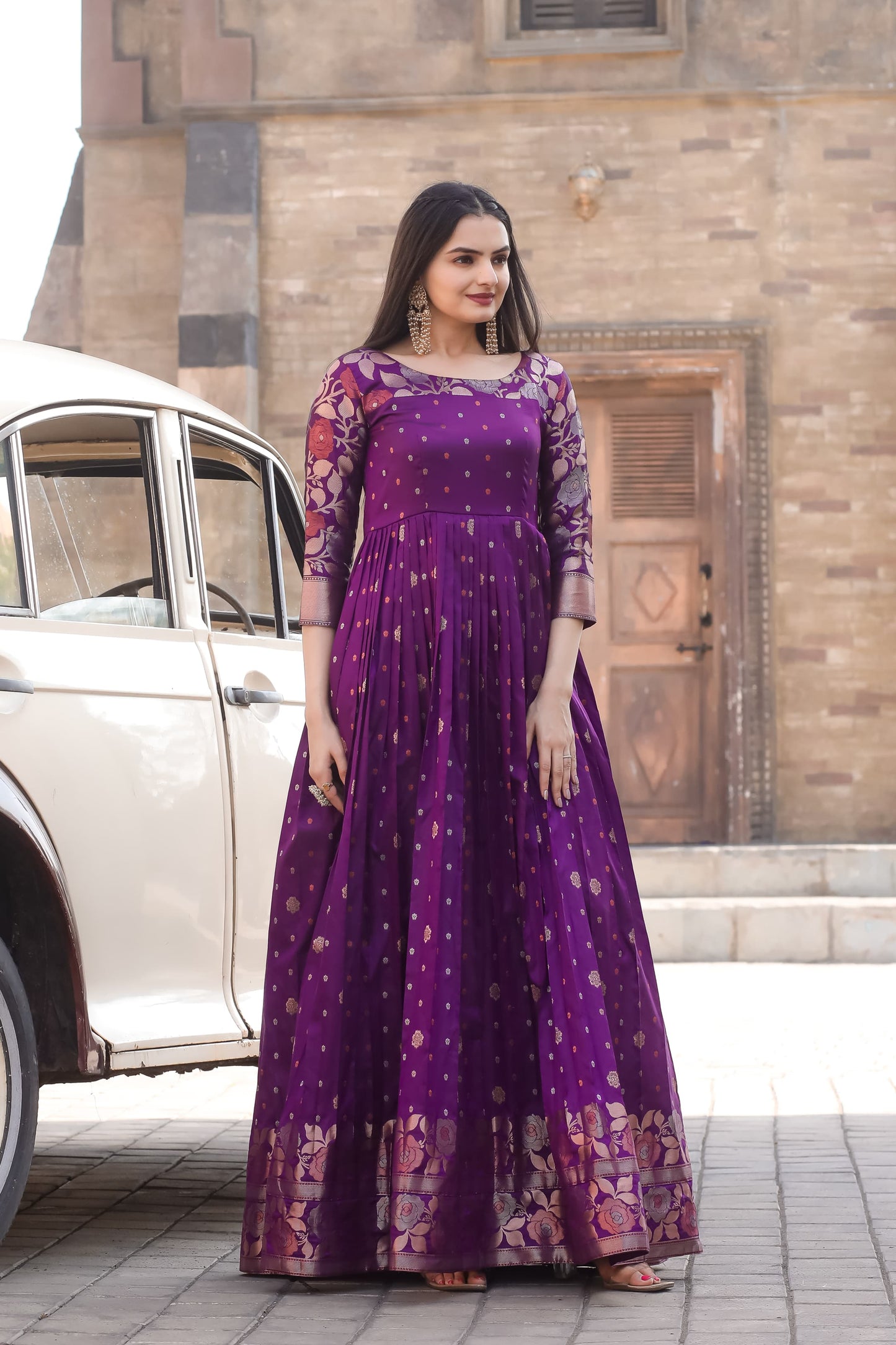 "Banarasi Zari Weaving Sleeves Soft Silk Traditional Gown with Modern Silhouette"