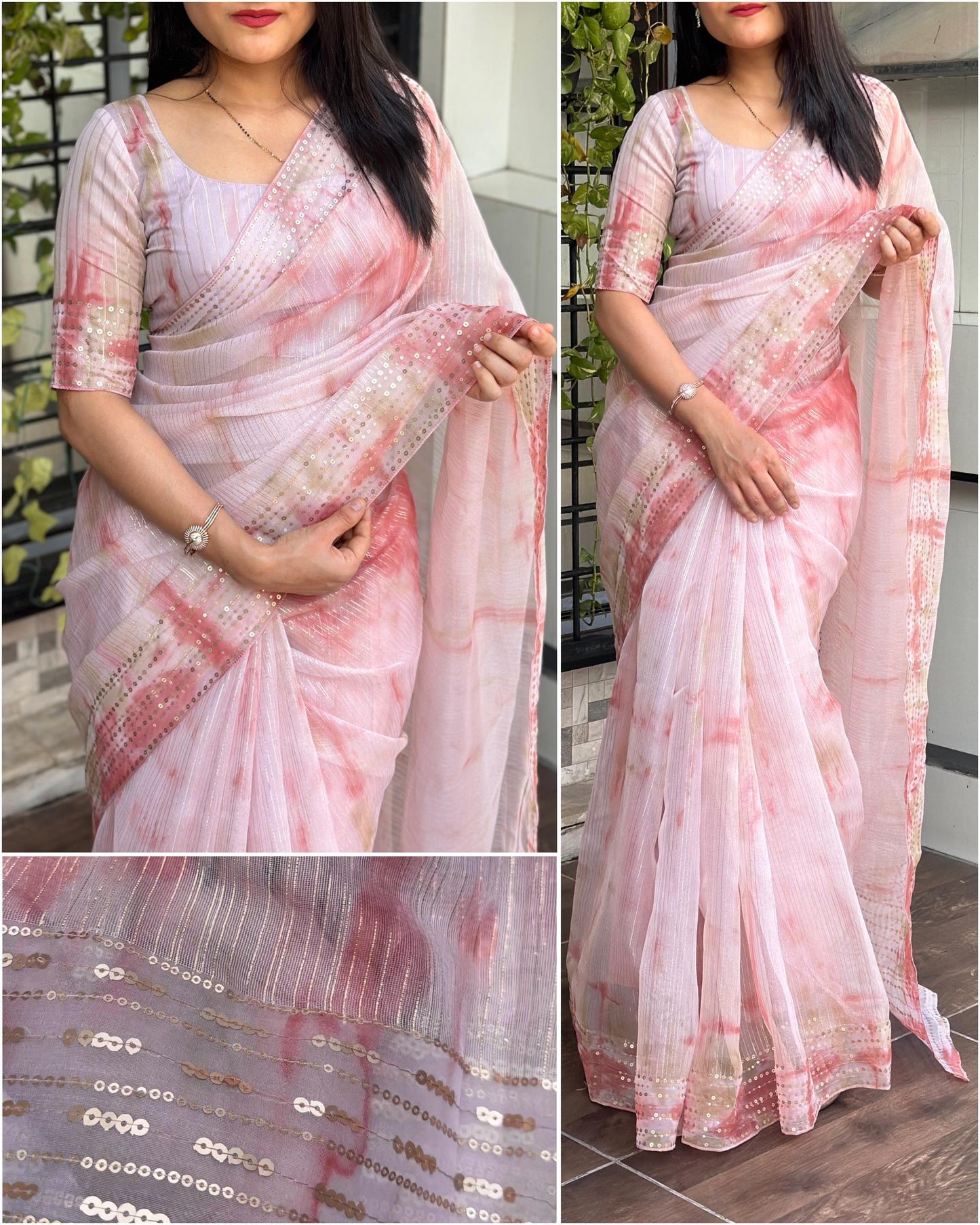 Women's Beautiful Shaded Printed With Zari Lining and Hand Sequins Work Pure Soft Organza Saree With Blouse
