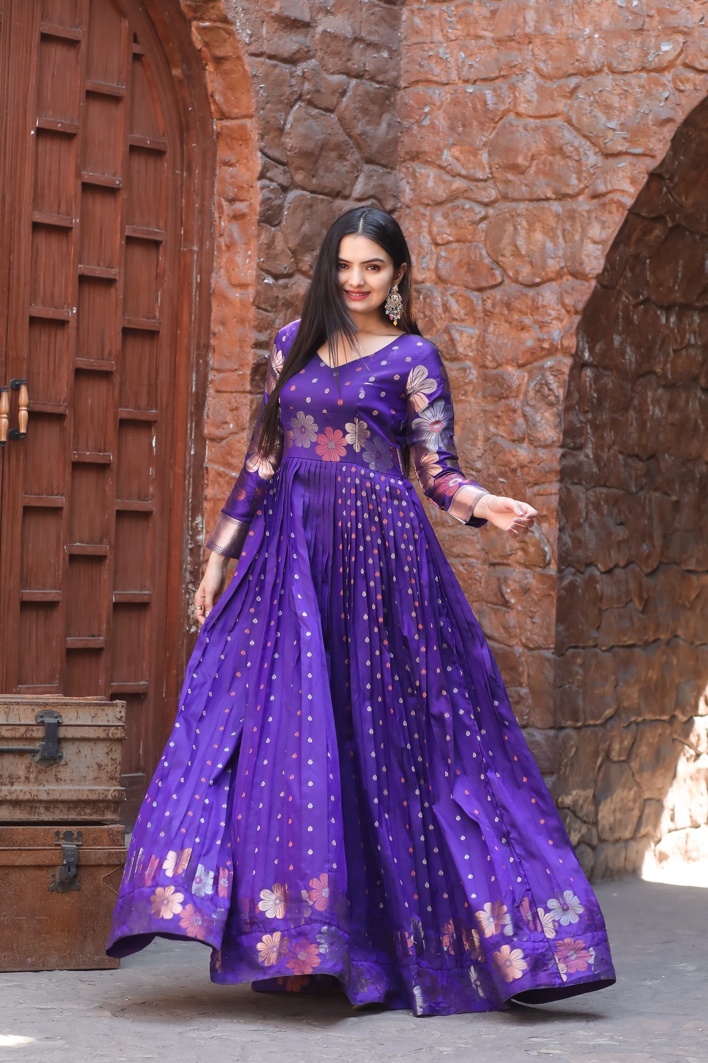 "Regal Charm: Banarasi Zari Boat Neck Gown with Keyhole Back"