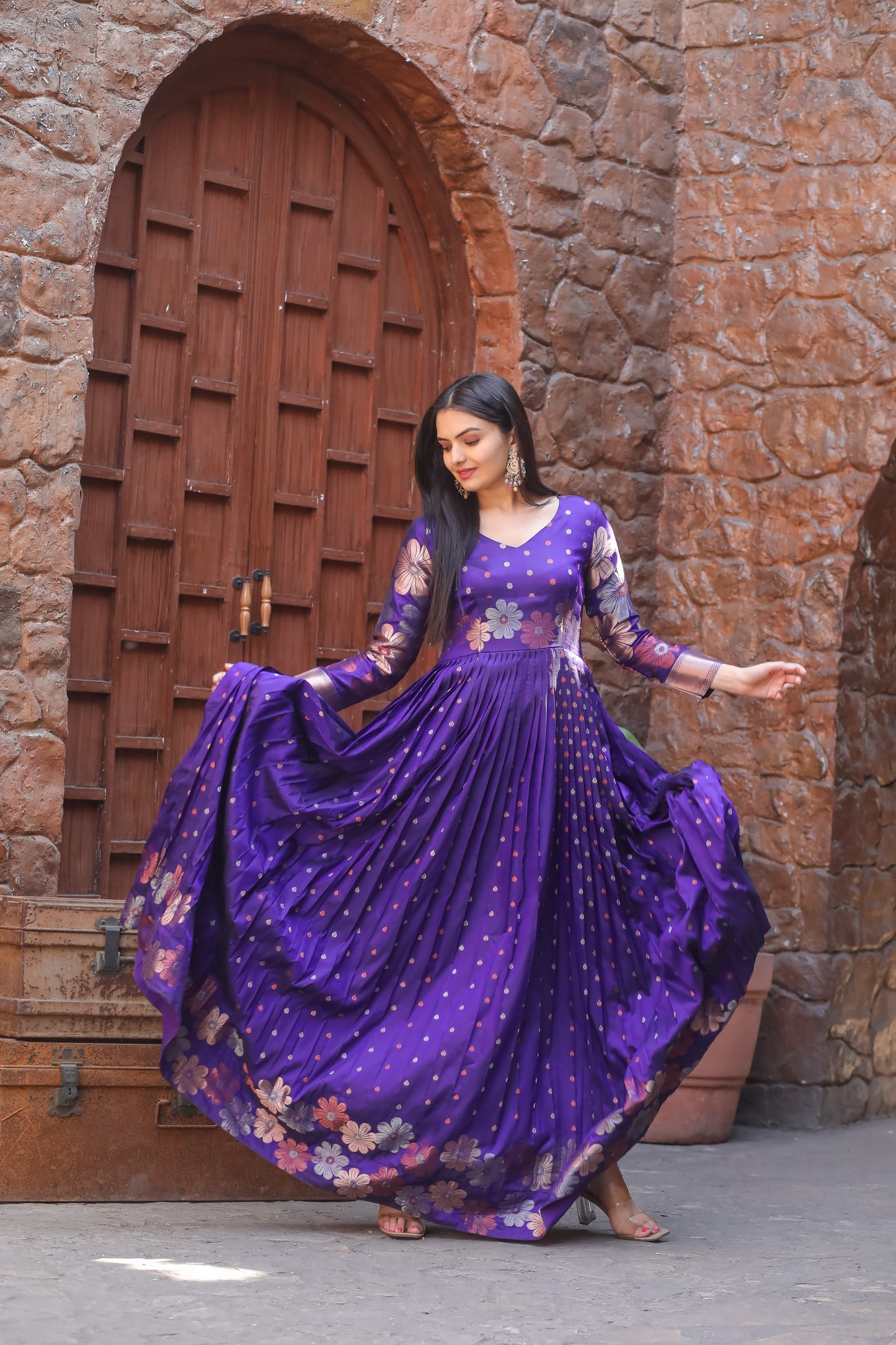 "Regal Charm: Banarasi Zari Boat Neck Gown with Keyhole Back"