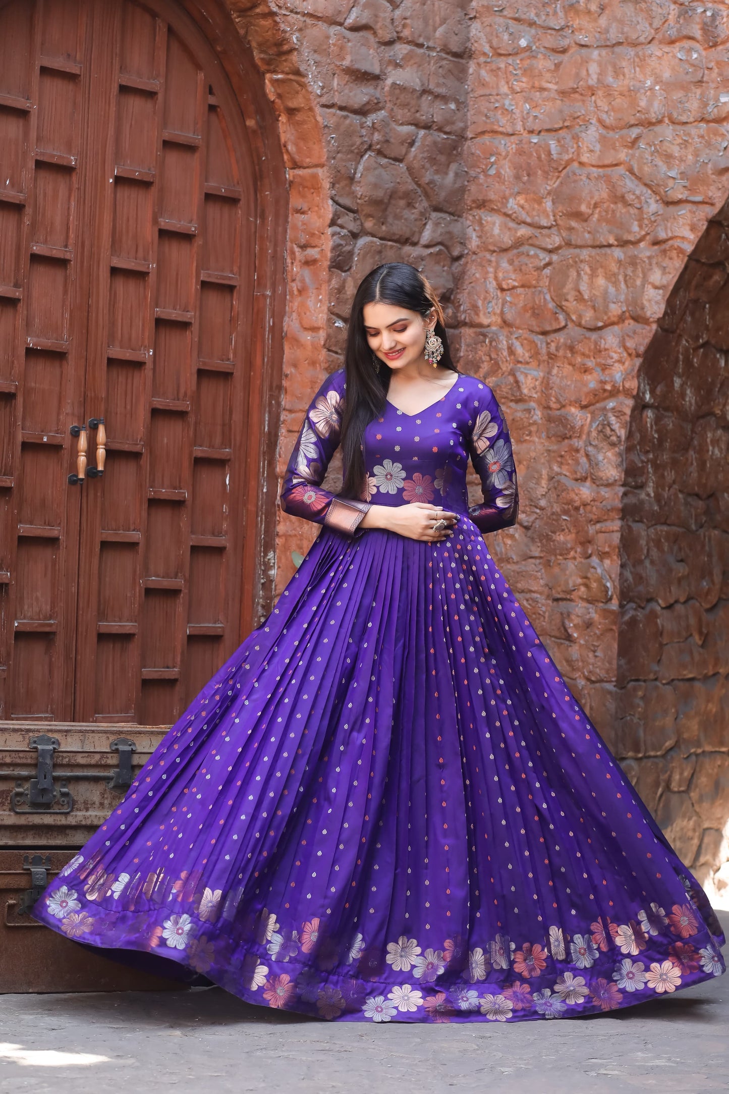 "Regal Charm: Banarasi Zari Boat Neck Gown with Keyhole Back"