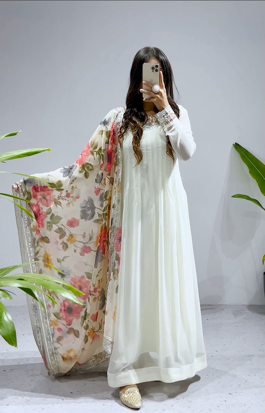 "Graceful White Georgette Gown with Sequin Embroidery & Printed Dupatta"