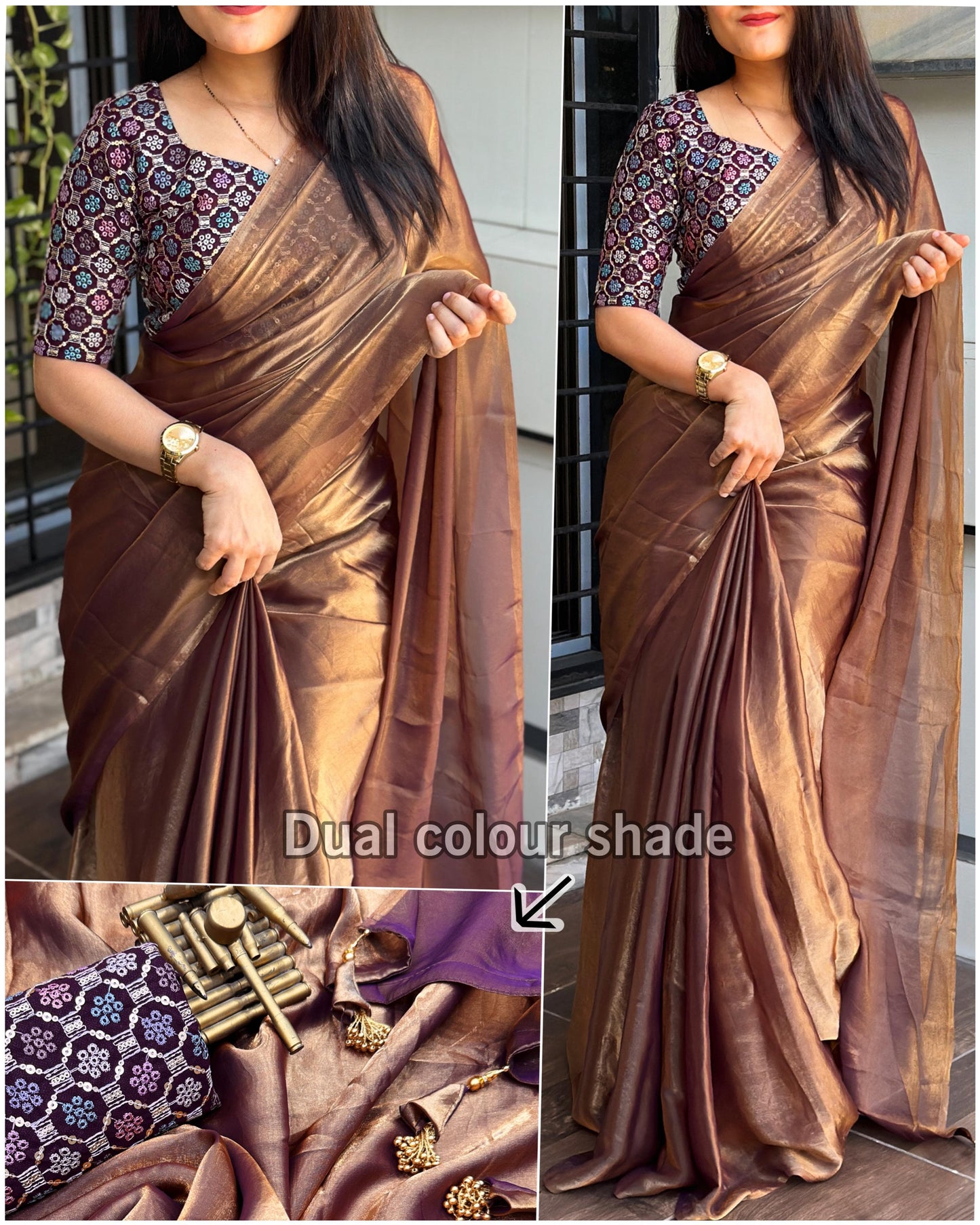 Luxury Dual Shade Fendy Satin Saree with Pearl Tassles & Blooming Georgette Blouse