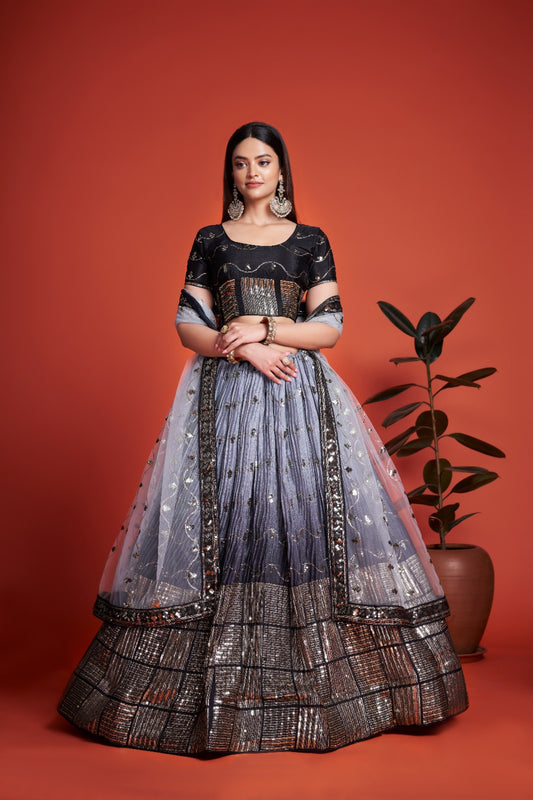 "Opulent Embroidered Chinon Semi-Stitched Lehenga Choli Set with Butterfly Net Dupatta"