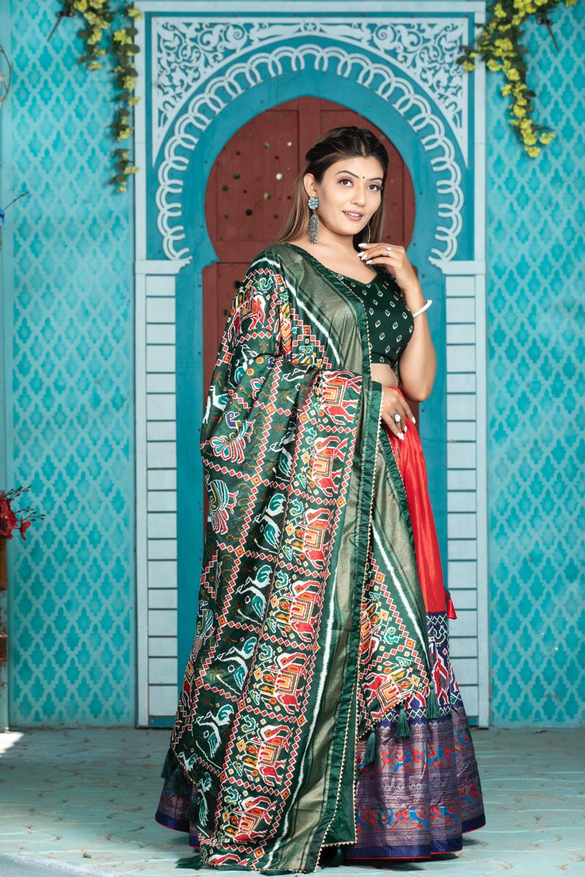 "Paithani Patola Perfection: Vibrant Dola Silk Lehenga Ensemble"