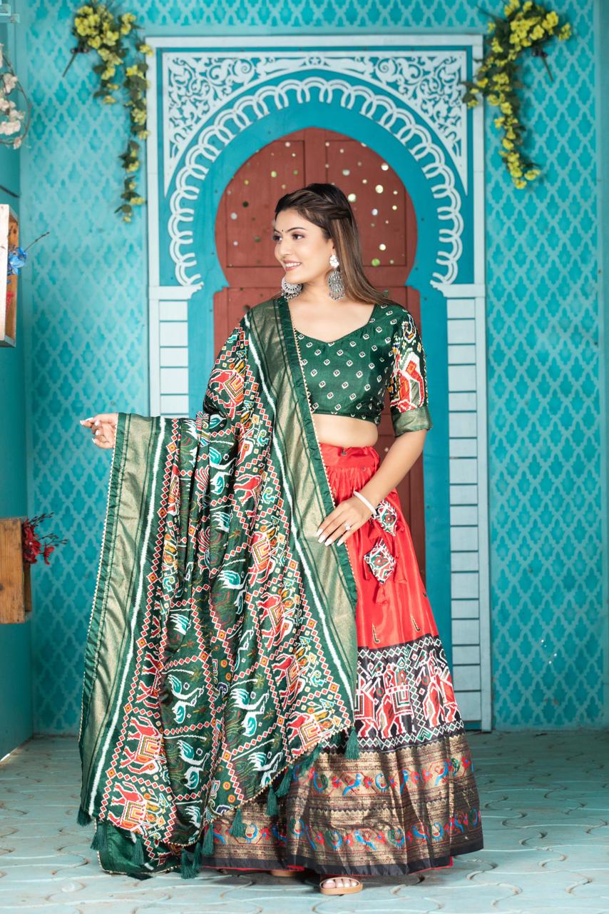 "Paithani Patola Perfection: Vibrant Dola Silk Lehenga Ensemble"