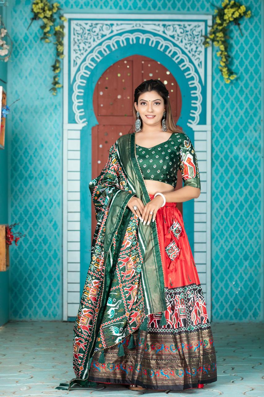 "Paithani Patola Perfection: Vibrant Dola Silk Lehenga Ensemble"